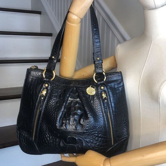 BRAHMIN Black Selma Croc Embossed Leather Pleated Shoulder Tote Bag Top Zipper - Picture 17 of 17